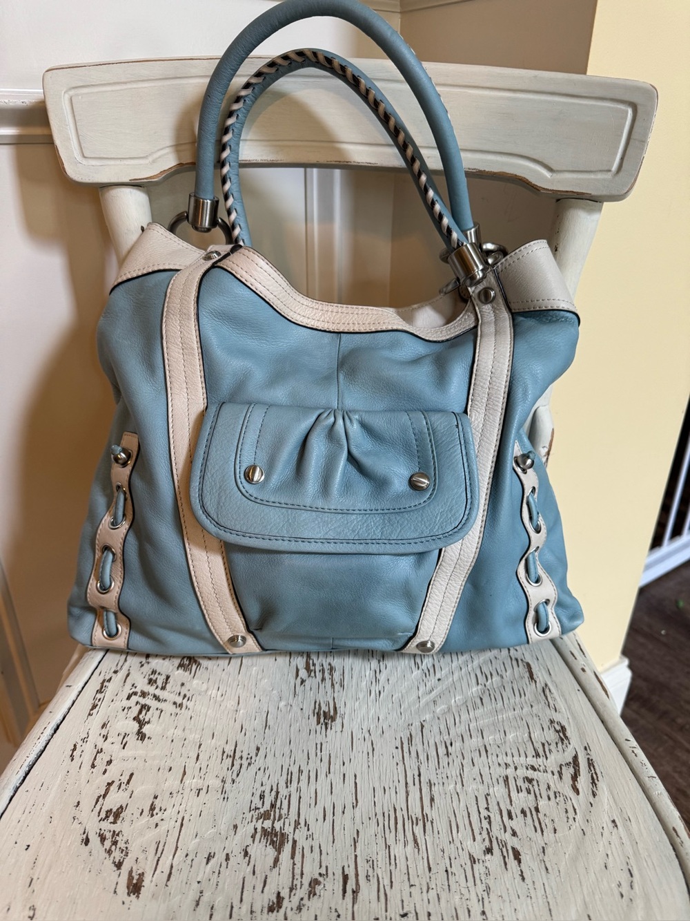 B. Makowsky Women's Light Blue and Cream Leather Tote Bag